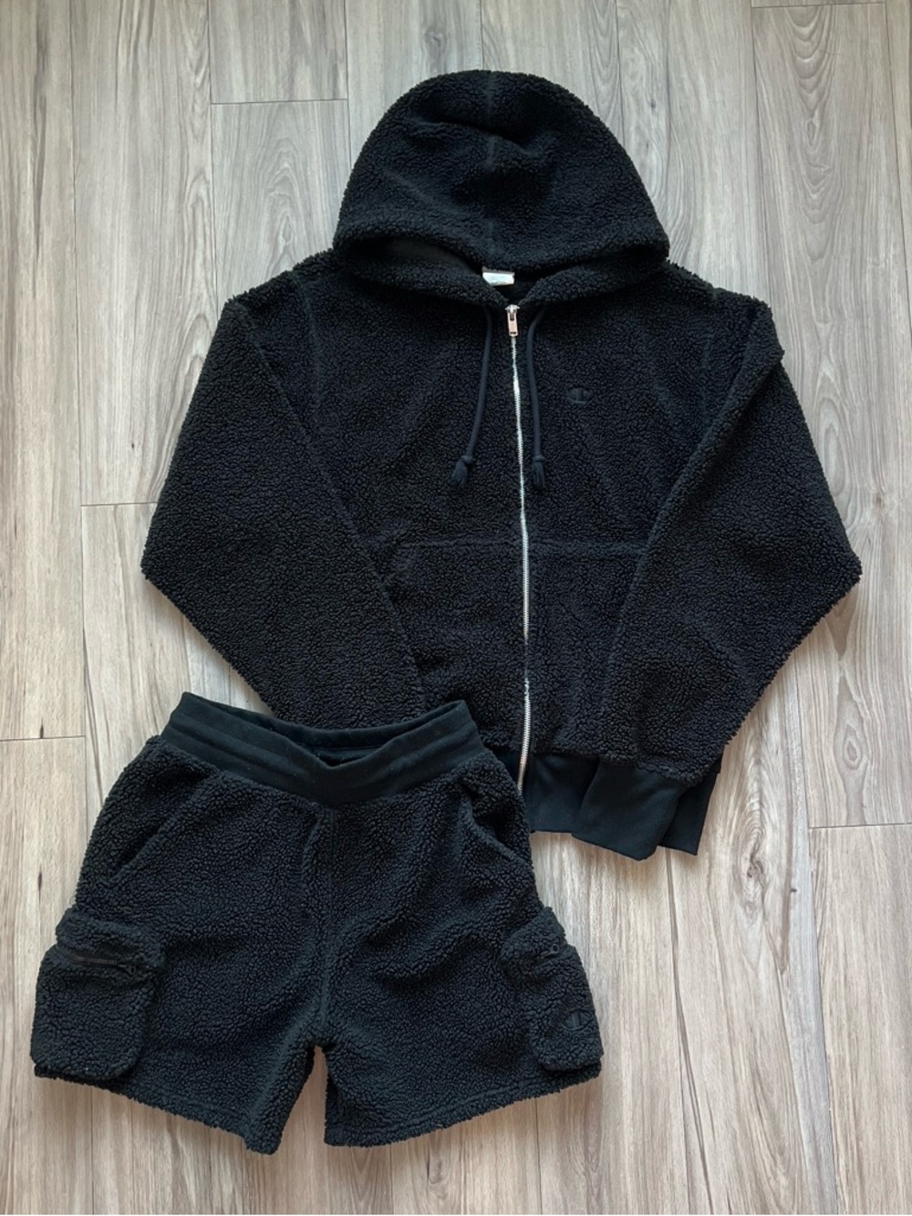 Champion Black Sherpa Hoodie & Shorts Set